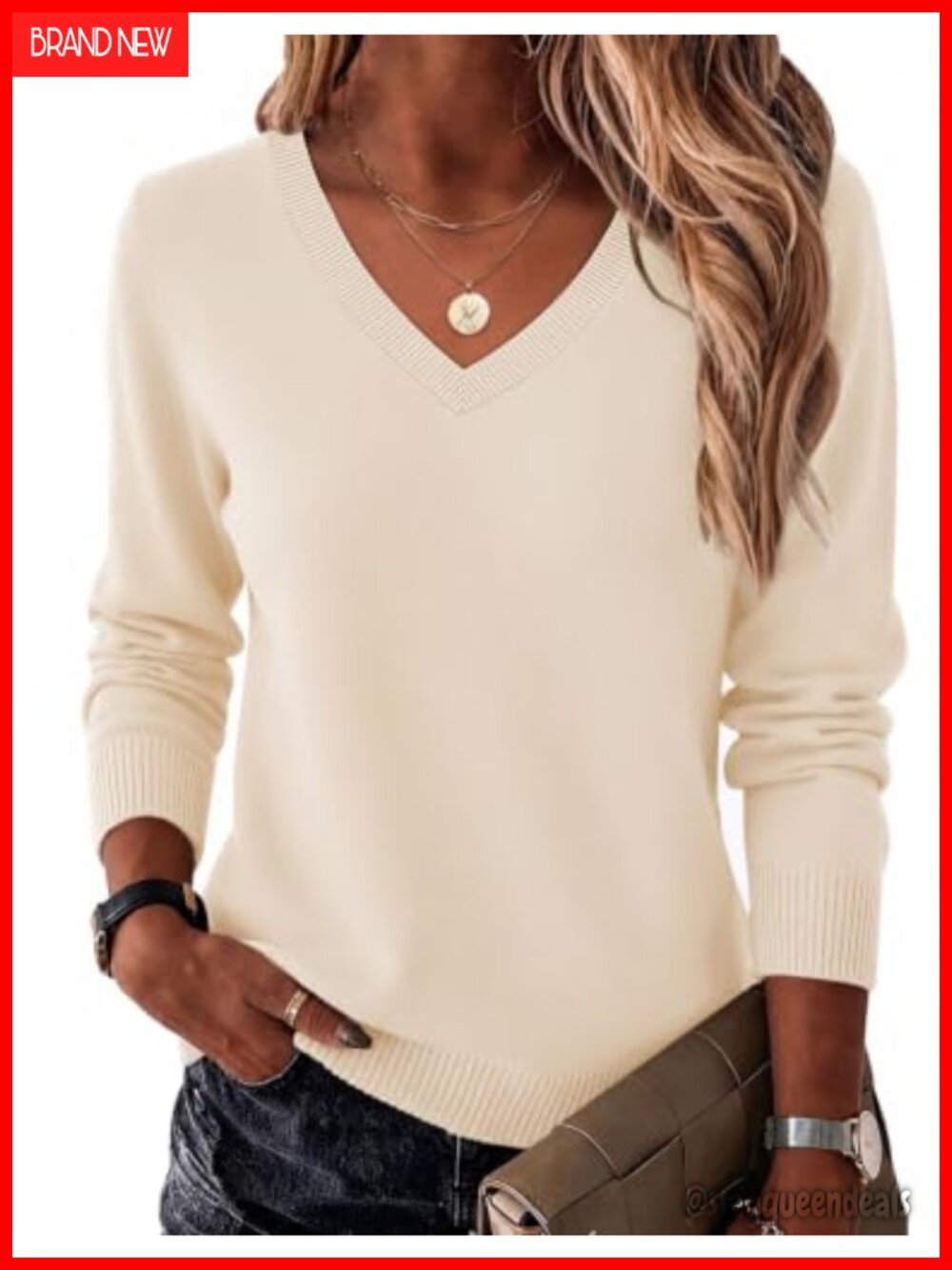 Womens Long Sleeve V Neck Pullover Sweater Soft Knit Dressy Casual Top